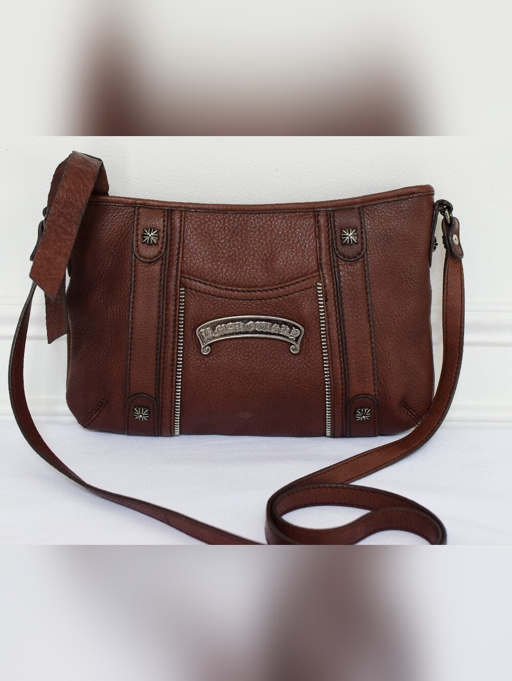 Vintage Leather Studded Shoulder Bag Crossbody Red Brown Y2K Moto Boho Grunge